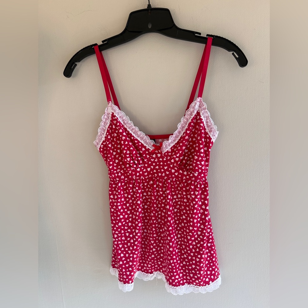 LAURA ASHLEY Babydoll Y2K Lace Trim Heart Print Cami Top Coquette Valentine Sz S - Picture 9 of 14